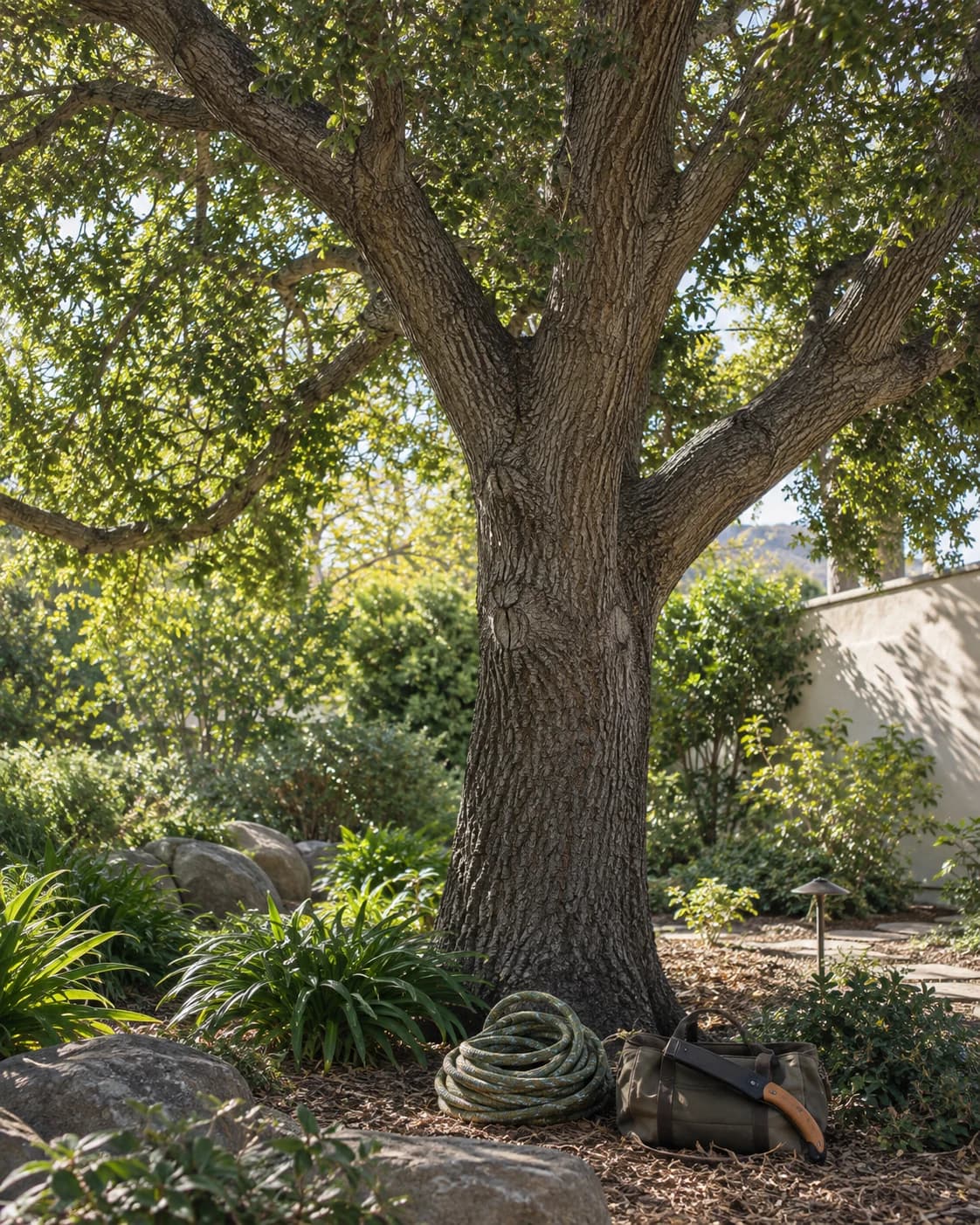 Illustrative Southern California tree-care scene with an oak tree and equipment; AI-generated, not a client project
